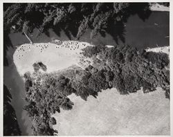 Aerial view of the Russian River near Monte Rio, California, 1955