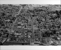 Aerial view of Petaluma, Calif from the Petaluma River and Water Street between Western Avenue and Washington Street, July 28, 1973