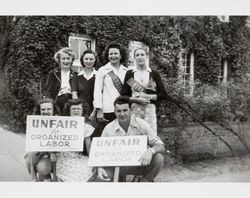 Group of striking workers of the Sunset Line and Twine Company picket in front of the plant in Petaluma, California, 1947