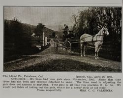 Lloyd gate at the farm of Mrs. C. C. Valencia in Ignacio, California, as shown in the Lloyd Co. catalog for 1912