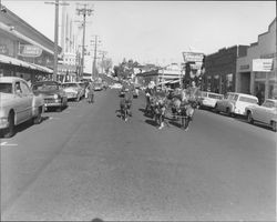 Santa Claus in a sleigh pulled by reindeer, Petaluma, California, about 1960