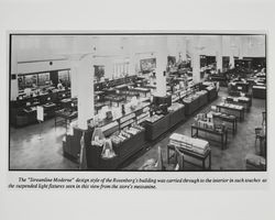 Streamline Moderne design style of the Rosenberg's building was carried through to the interior in such touches as the suspended light fixtures seen in this view from the store's mezzanine