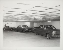 Cars on the ramp of the 3rd & D Street parking garage, Santa Rosa, California, 1964