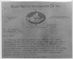 Must Hatch Incubator Company letterhead, Petaluma, California, 1923