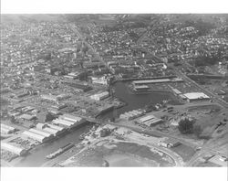 Aerial view of downtown Petaluma, California, and the Petaluma Turning Basin, 1978