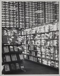 Bookshelves in the Education section of the library, Santa Rosa, California, 1969