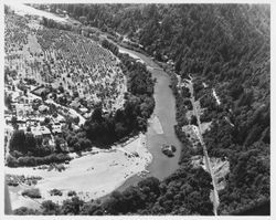 Aerial view of the Russian River near Rio Nido, California, September 1955