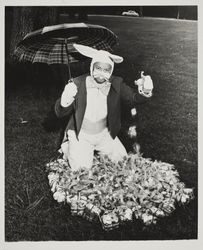 Exchange Club Easter Bunny at the Sonoma County Fair with his eggs, Santa Rosa, California, 1957