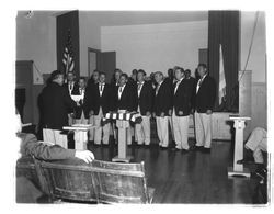 Men's choral group singing at a church, Petaluma, California, 1958