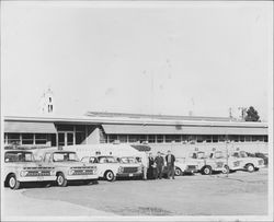 City vehicles parked at Petaluma City Hall, Petaluma, California, 1964