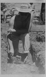 Unidentified man digging along new found walls at the Petaluma Adobe, Petaluma, California, 1962