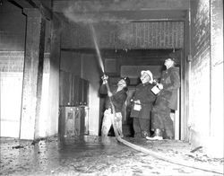 Petaluma Fire Department firefighters spraying water onto the ceiling of an smoldering, unidentified school, likely Waugh School, 1060 Corona Road, Petaluma, California, April 6, 1960