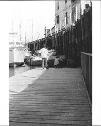 People on the floating dock beneath the Petaluma and Santa Rosa Railroad at the Turning Basin