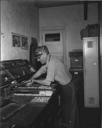 Setting type at the Petaluma Argus-Courier, Petaluma, California, about 1955