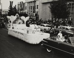Petaluma centennial float in the Sonoma County Fair Parade, Santa Rosa, California, 1958