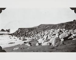 Construction of the jetty at the mouth of the Russian River at Jenner, California, February 1932