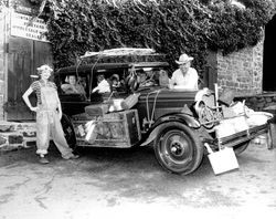 Group dressed for a 'Grapes of Wrath' fundraiser at the Fountain Grove Ranch, Santa Rosa , California, 1962