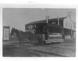 Horse, driver and car of the Petaluma Street Railroad, Petaluma, California, about 1895