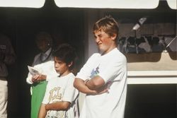 Two unidentified boys from the Hanna Boys Center at the Clover Stornetta open house at the Clover Stornetta plant, 91 Lakeville Street, Petaluma, California, September 28, 1991