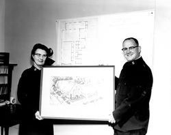 Salvation Army soldiers holding rendering of Chapel and Offices, Santa Rosa, California, 1963