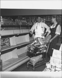 Empty bread shelves at the Purity Store, Petaluma, California, 1954