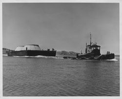 Golden Eagle tugboat towing a barge, San Francisco Bay, 1964