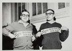 Ed Mannion and Dave Pesonen with "Save Bodega Head" signs, Petaluma, California, 1963