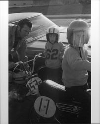 Unidentified people on motorcycles in Petaluma, California, 1973