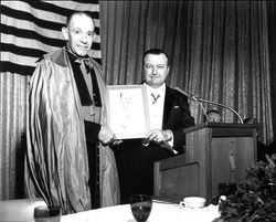 Unidentified speakers and honoree at Knights of Columbus meeting, Santa Rosa, California, September 7, 1967