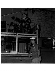 Unidentified band member playing drums at the Old Adobe Fiesta, Petaluma, California, 1967