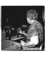 Woman working at a sewing machine at Sunset Line and Twine, Petaluma, California, 1956