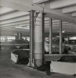 Views of wooden timber and steel beam reinforcements inside the B Street parking garage, Santa Rosa, California, November 26, 1968