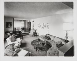 Living rooms of Hidden Valley subdivision model homes, Santa Rosa, California, 1966