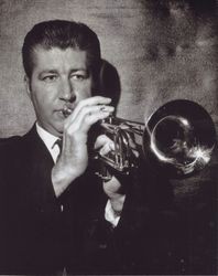 Fred M. Jennings with his horn, Petaluma, California, in the 1950s