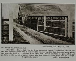 Lloyd gate at the Geo. Anderson farm in Penngrove, California, as shown in the Lloyd Co. catalog for 1912