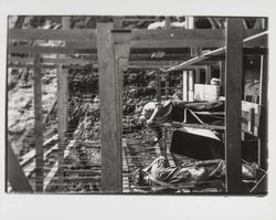 Workers setting reinforcing bars for a retaining wall on the site of reconstruction of St. Elizabeth's, Guerneville, California, 1935