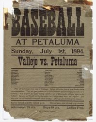 1894 baseball flier for Petaluma versus Vallejo, 1894