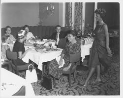 Tunic dress and capri ensemble modeled in the "Dramatic Moods" fashion show in the Topaz Room, Santa Rosa, California, 1959