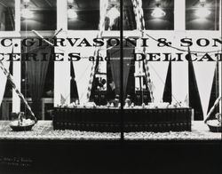 Window display at C. Gervasoni & Sons Groceries and Delicatessen, Petaluma, California, about 1920