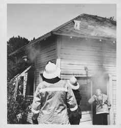 Petaluma Fire Department firefighters at the scene of an unidentified residential structure fire in Petaluma, California, 1950s or 1960s