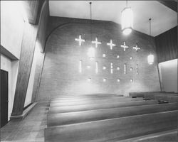 Pews and windows at the back of the interior of St. John's Catholic Church, Healdsburg, California, 1966