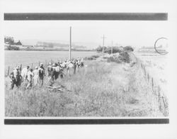 Trek over right-of-way of Liberty Branch of Petaluma-Santa Rosa Railroad, Petaluma, California, 1955