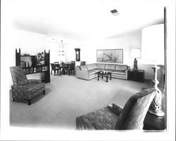 Living room and dining area of an Oakmont model home, Santa Rosa, California, 1964