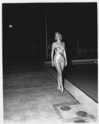 Miss Sonoma County 1959, Chonne Patton, in the Aqua Varieties fashion show at the Santa Rosa Swim Center, Santa Rosa, California, August 21, 1959