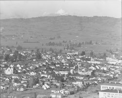 Panoramic view of Petaluma, California, about 1942, looking eastward from a hill above Petaluma High School