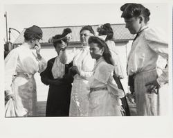 Ladies of the McNear and Denman families at the Petaluma wharf, Petaluma, California, about 1910