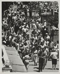 Fair-goers walk down promenade at the Sonoma County Fair, Santa Rosa, California, July 21, 1962