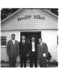 Arthur Parent and three men in front of the Free Will Baptist Church, Petaluma, California, 1958