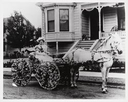 Mrs. Moke driving a horse and carriage in the Rose Parade