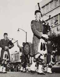 Sixth Army Scotch Kilties march in the Sonoma County Fair parade, Santa Rosa, California, July 18, 1958